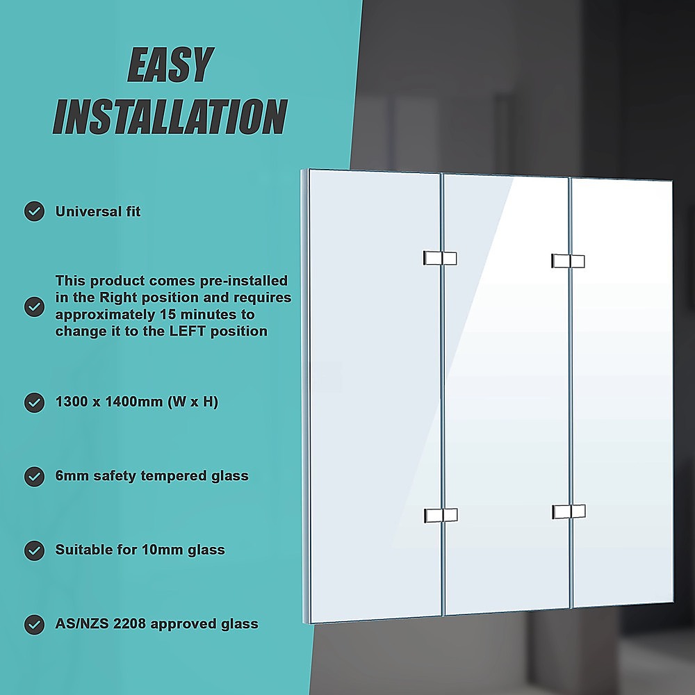 3 Fold Chrome Folding Bath Shower Screen Door Panel 1300mm x 1400mm 9