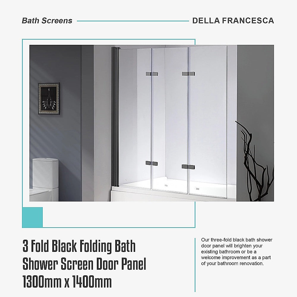 3 Fold Black Folding Bath Shower Screen Door Panel 1300mm x 1400mm 7