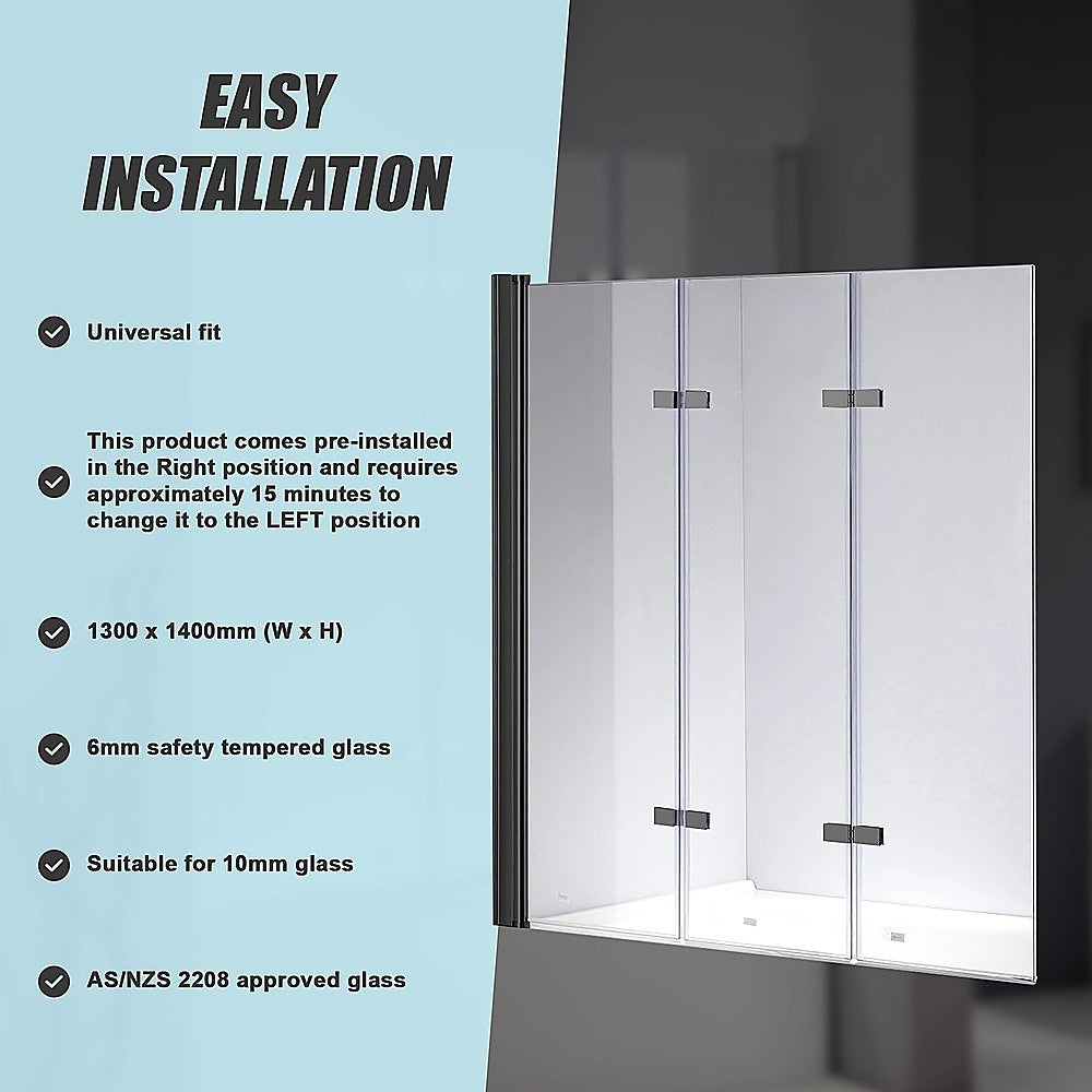 3 Fold Black Folding Bath Shower Screen Door Panel 1300mm x 1400mm 9