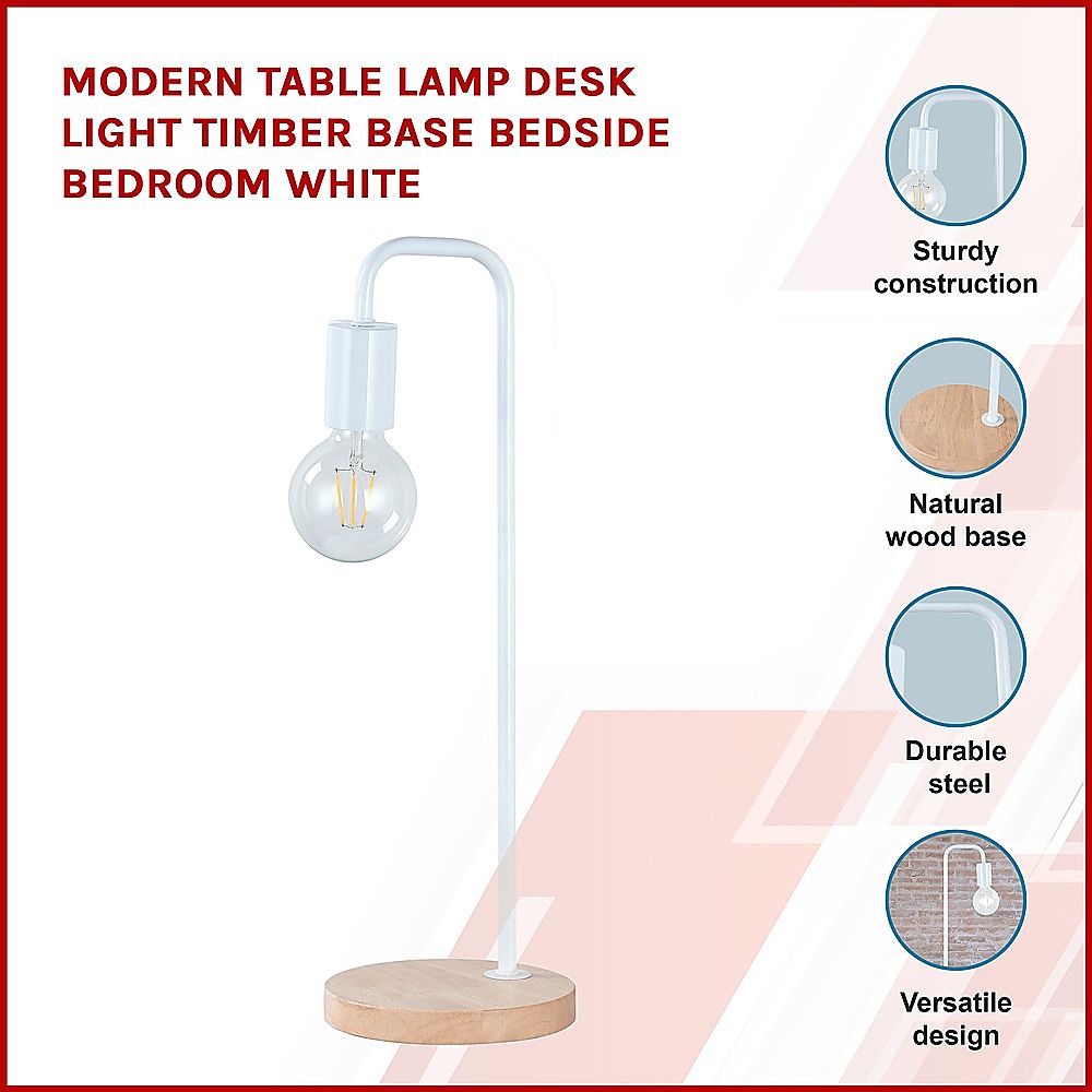 Modern Table lamp Desk Light Timber Base Bedside Bedroom White 3