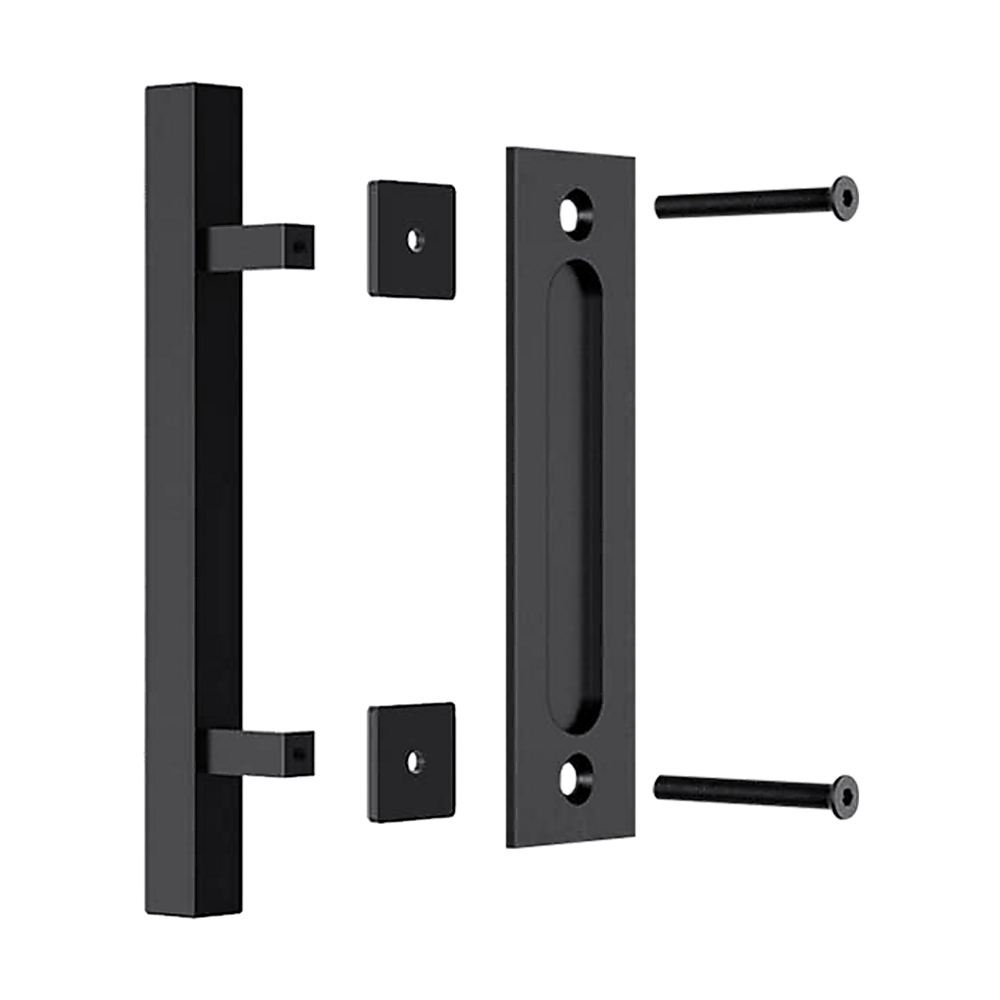 12" Square Pull and Flush Door Handle Set Black Barn Door Hardware 3