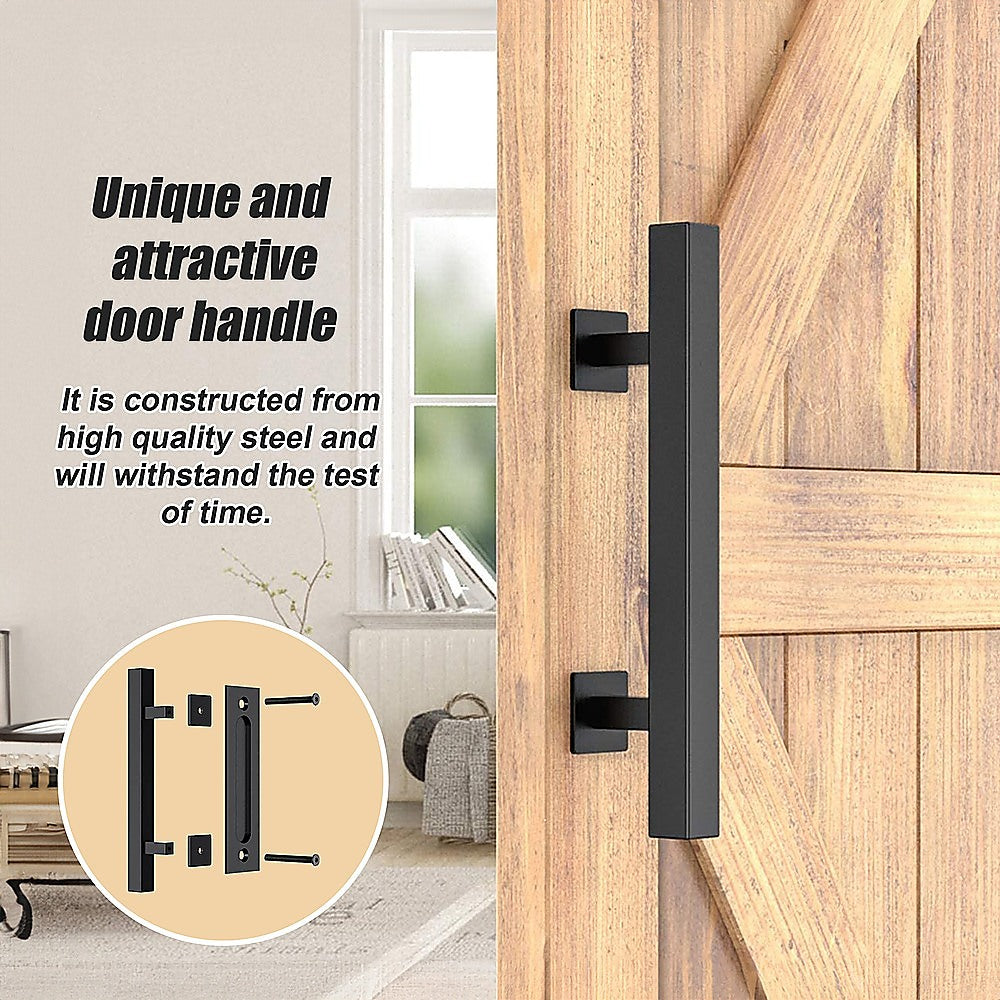 12" Square Pull and Flush Door Handle Set Black Barn Door Hardware 4