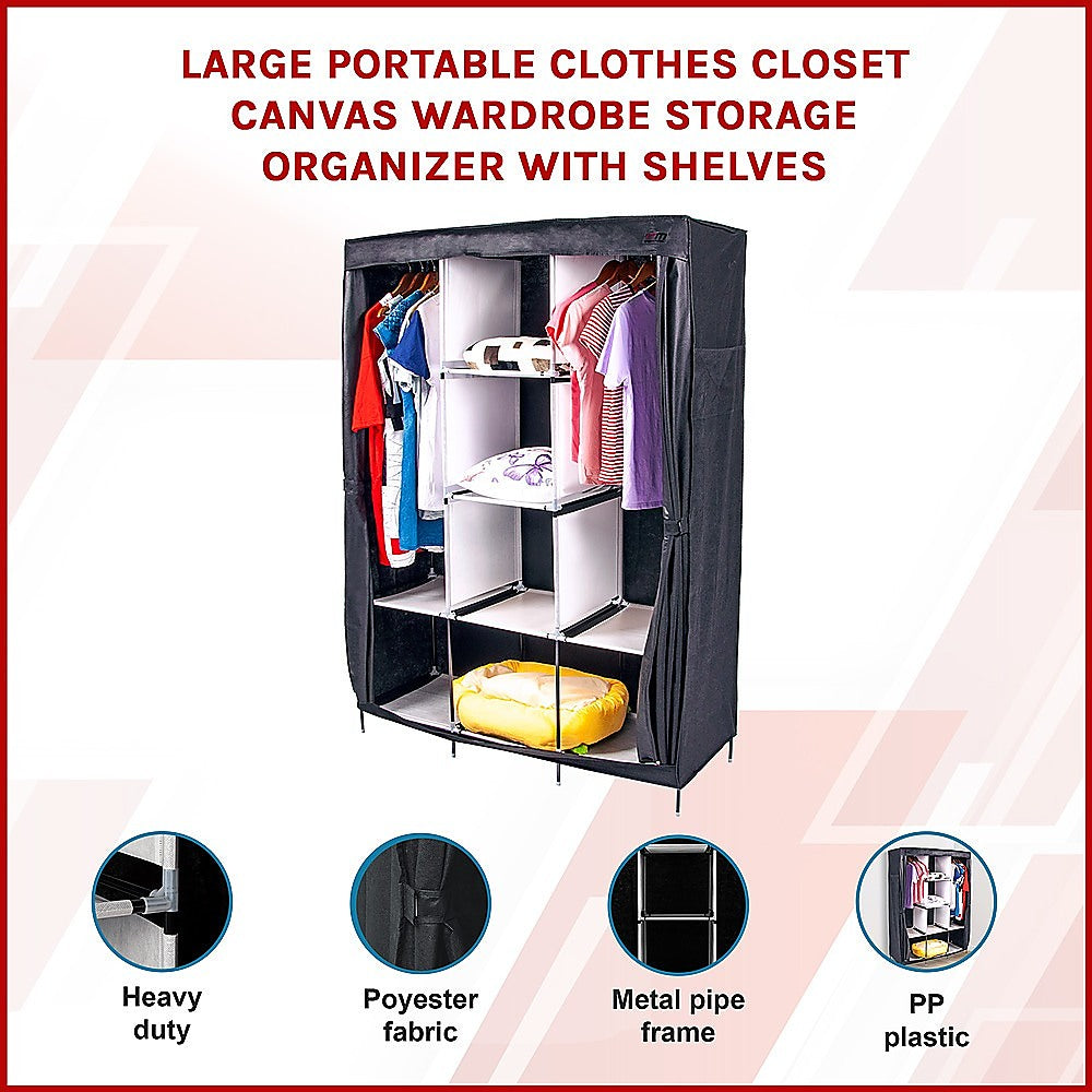 Large Portable Clothes Closet Canvas Wardrobe Storage Organizer with Shelves 3