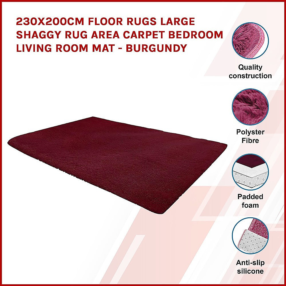 230x200cm Floor Rugs Large Shaggy Rug Area Carpet Bedroom Living Room Mat - Burgundy 3
