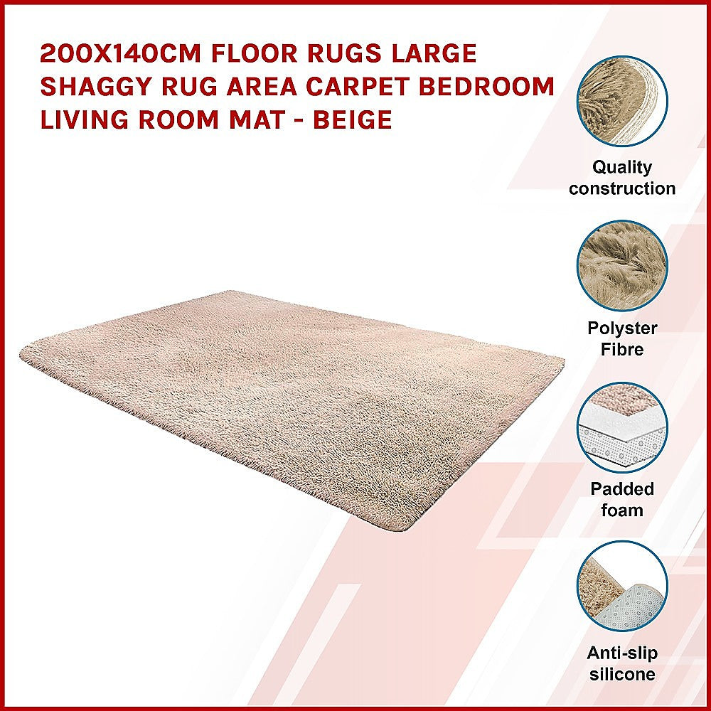 200x140cm Floor Rugs Large Shaggy Rug Area Carpet Bedroom Living Room Mat - Beige 3