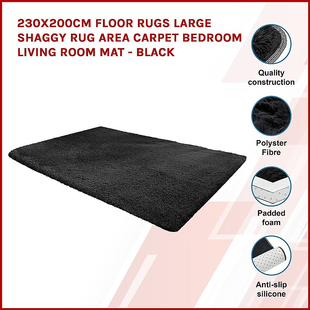 230x200cm Floor Rugs Large Shaggy Rug Area Carpet Bedroom Living Room Mat - Black 3