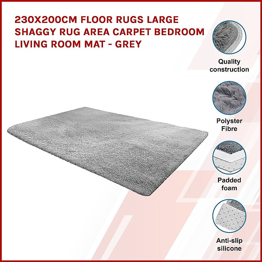 230x200cm Floor Rugs Large Shaggy Rug Area Carpet Bedroom Living Room Mat - Grey 3
