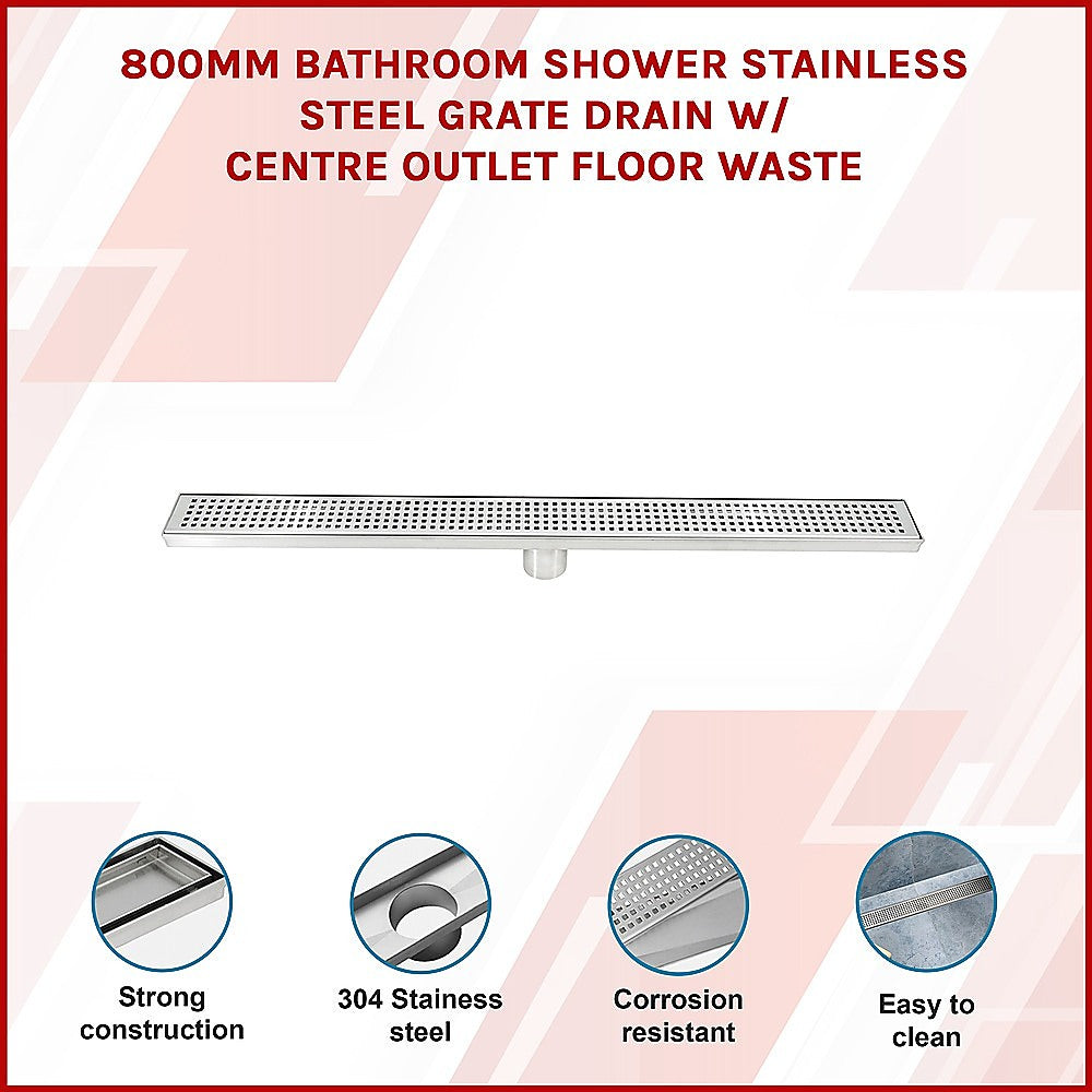 800mm Bathroom Shower Stainless Steel Grate Drain w/Centre outlet Floor Waste 3