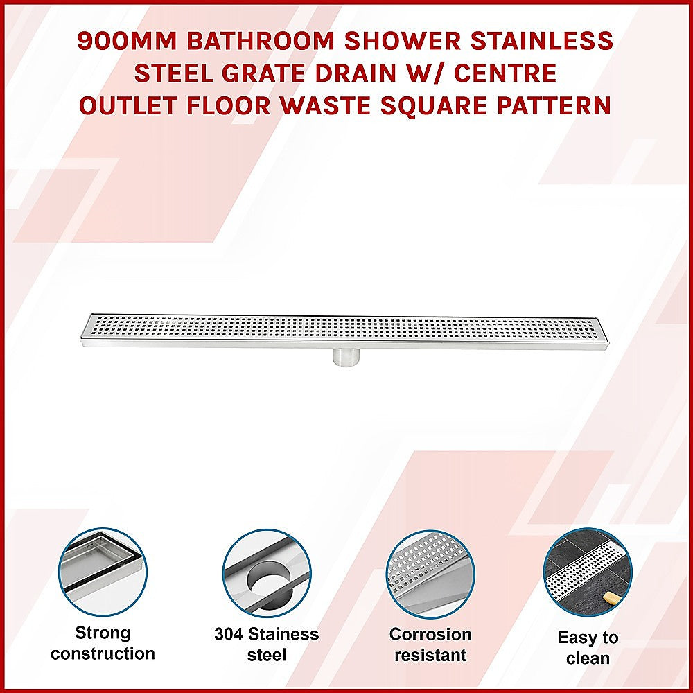900mm Bathroom Shower Stainless Steel Grate Drain w/Centre outlet Floor Waste Square Pattern 3