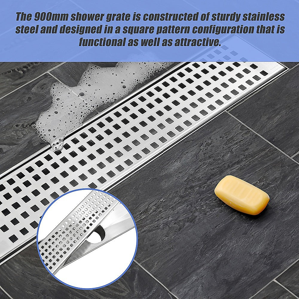 900mm Bathroom Shower Stainless Steel Grate Drain w/Centre outlet Floor Waste Square Pattern 5
