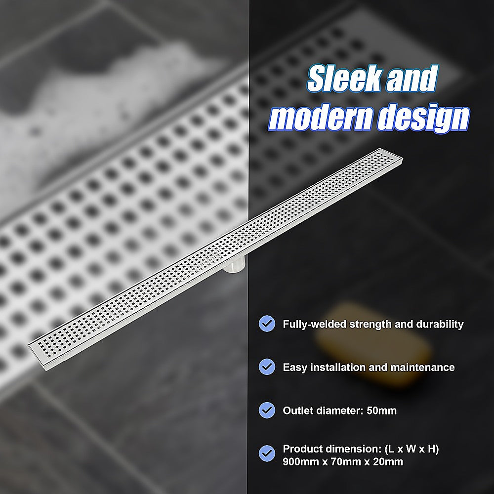 900mm Bathroom Shower Stainless Steel Grate Drain w/Centre outlet Floor Waste Square Pattern 8