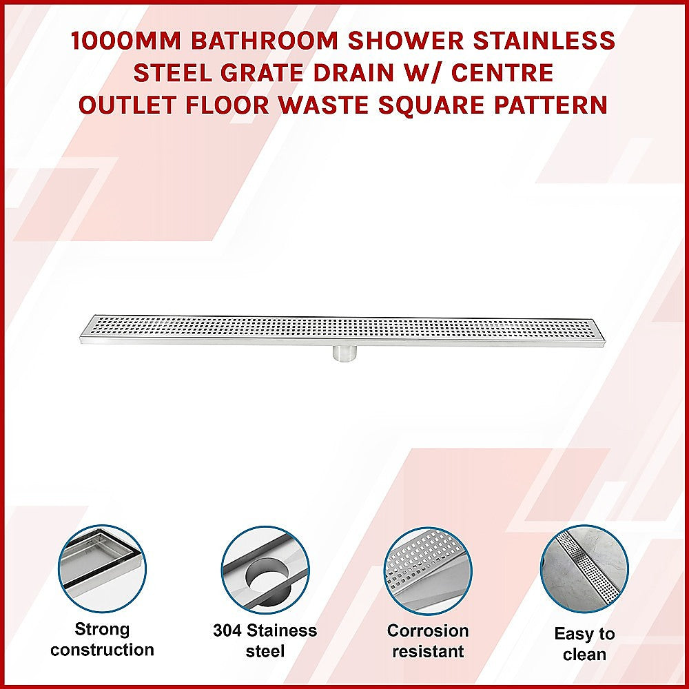 1000mm Bathroom Shower Stainless Steel Grate Drain w/Centre outlet Floor Waste Square Pattern 3