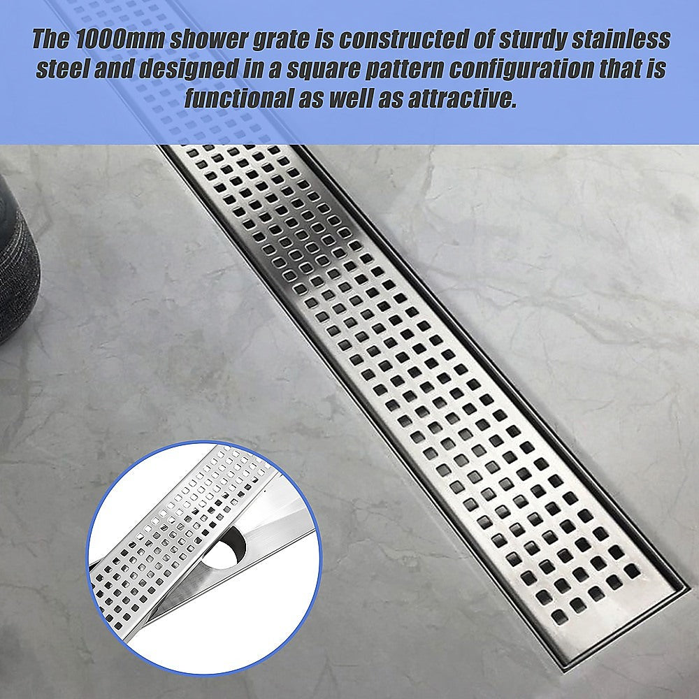 1000mm Bathroom Shower Stainless Steel Grate Drain w/Centre outlet Floor Waste Square Pattern 5
