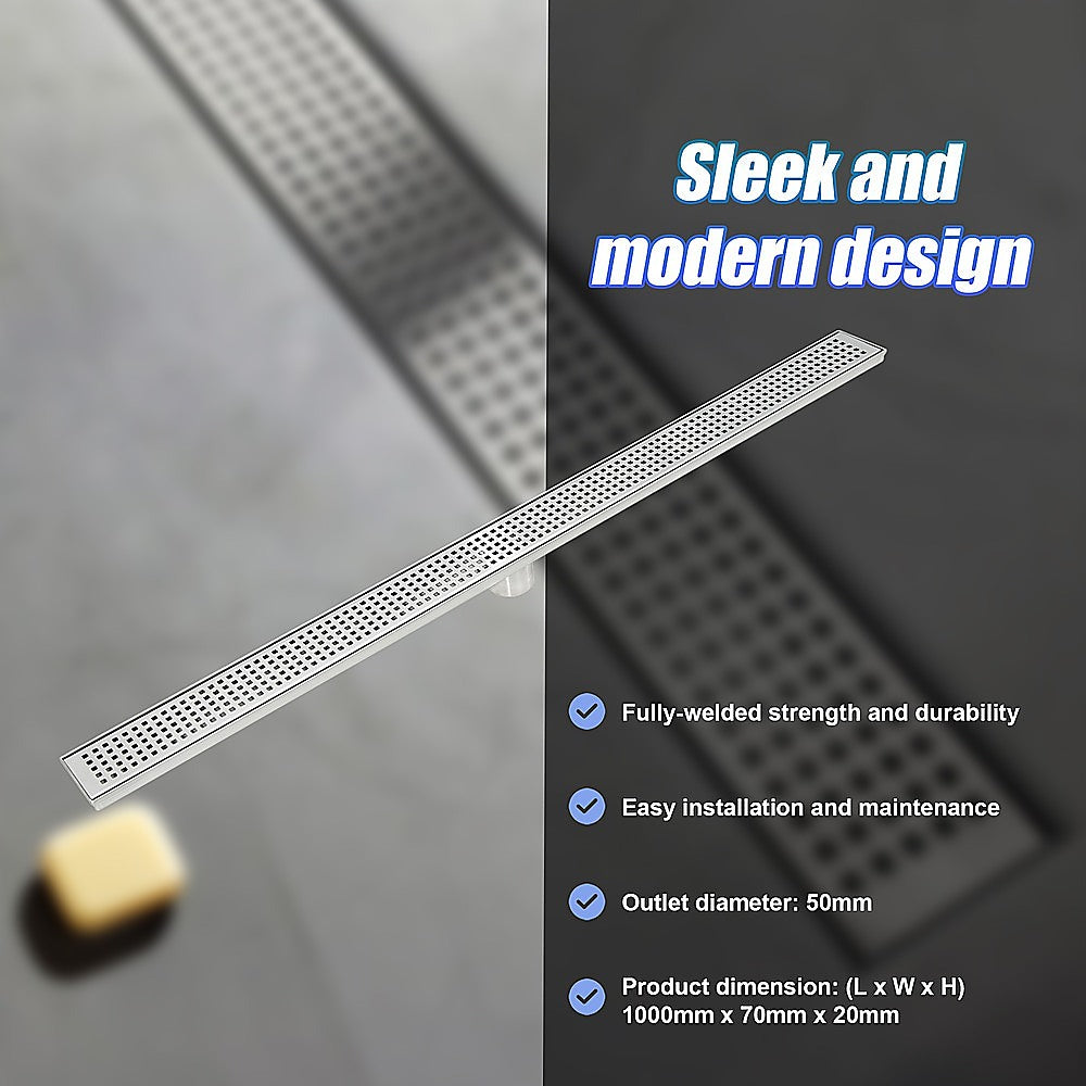 1000mm Bathroom Shower Stainless Steel Grate Drain w/Centre outlet Floor Waste Square Pattern 8