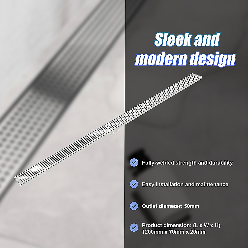 1200mm Bathroom Shower Stainless Steel Grate Drain w/Centre outlet Floor Waste Square Pattern 10