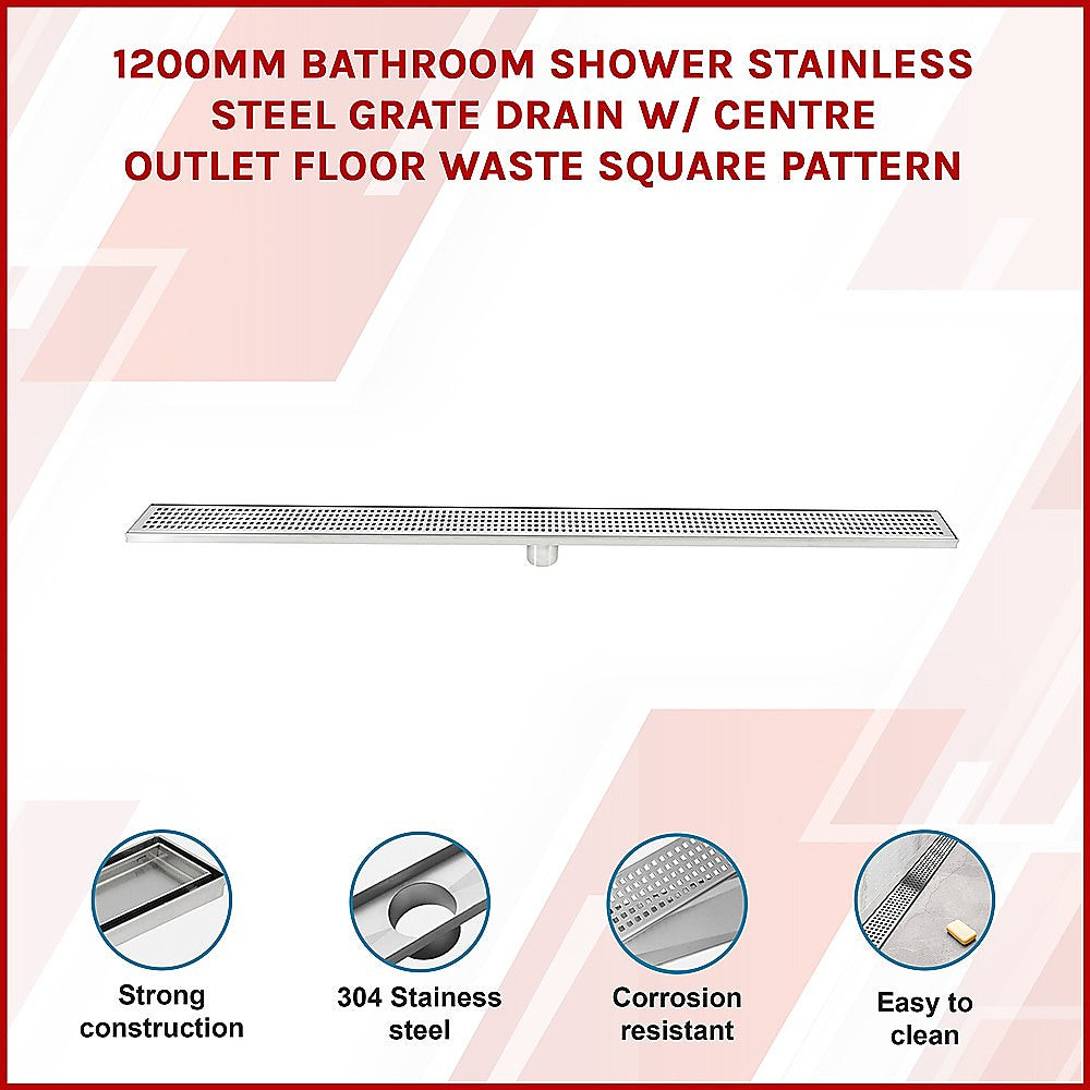 1200mm Bathroom Shower Stainless Steel Grate Drain w/Centre outlet Floor Waste Square Pattern 3