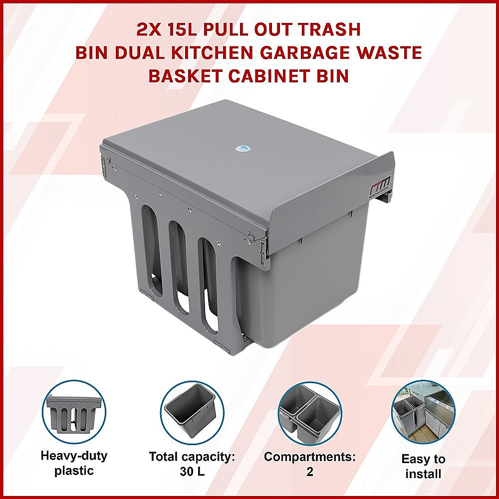 2x 15L Pull Out Trash Bin Dual Kitchen Garbage Waste Basket Cabinet Bin 3