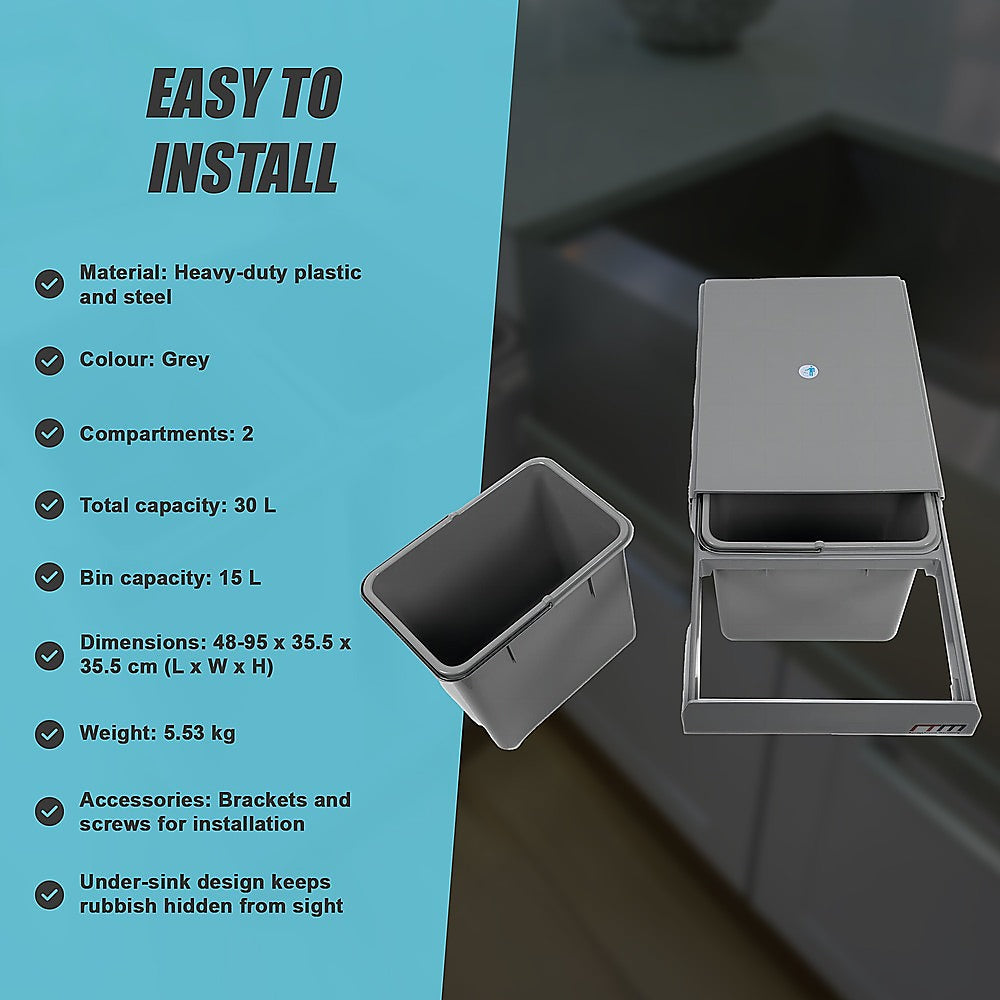 2x 15L Pull Out Trash Bin Dual Kitchen Garbage Waste Basket Cabinet Bin 11