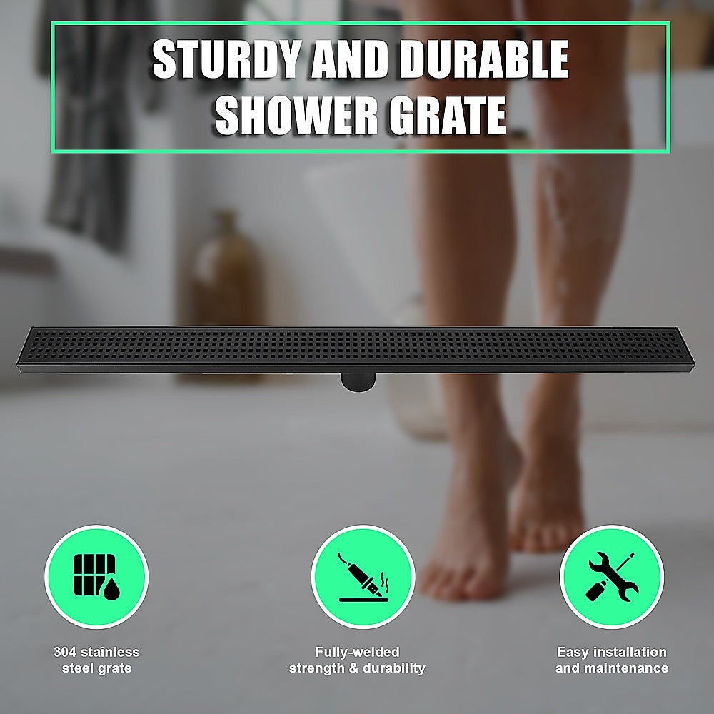 800mm Bathroom Shower Black Grate Drain w/Centre outlet Floor Waste 6
