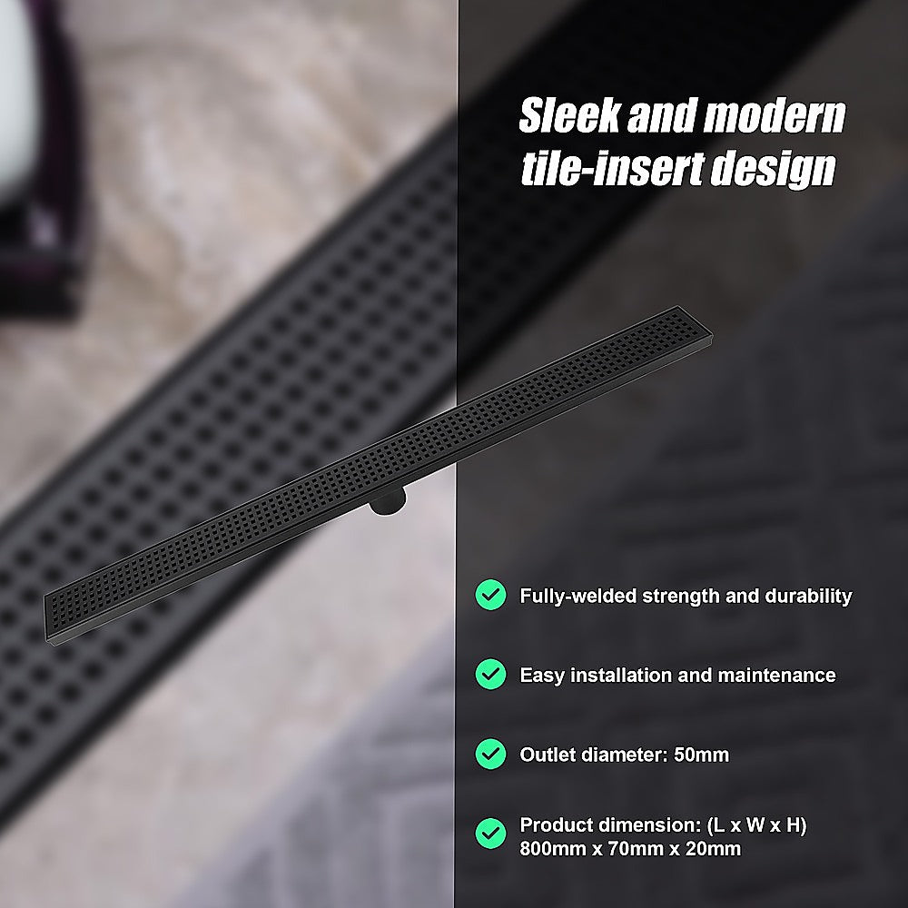 800mm Bathroom Shower Black Grate Drain w/Centre outlet Floor Waste 8
