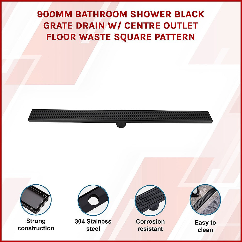 900mm Bathroom Shower Black Grate Drain w/Centre outlet Floor Waste Square Pattern 3