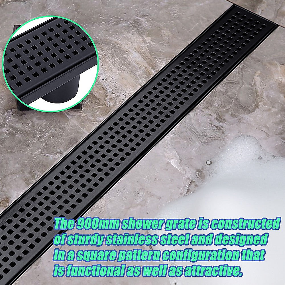 900mm Bathroom Shower Black Grate Drain w/Centre outlet Floor Waste Square Pattern 5