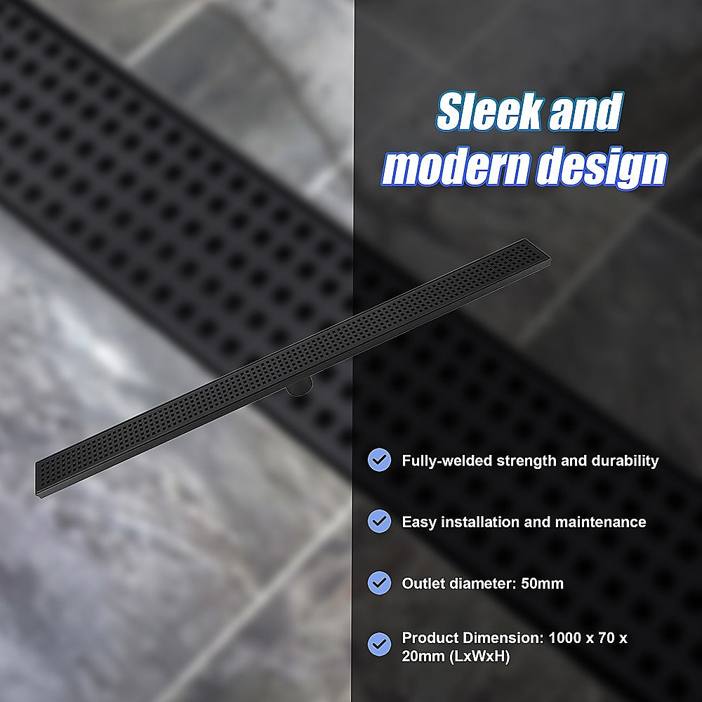 1000mm Bathroom Shower Black Grate Drain w/Centre outlet Floor Waste Square Pattern 10