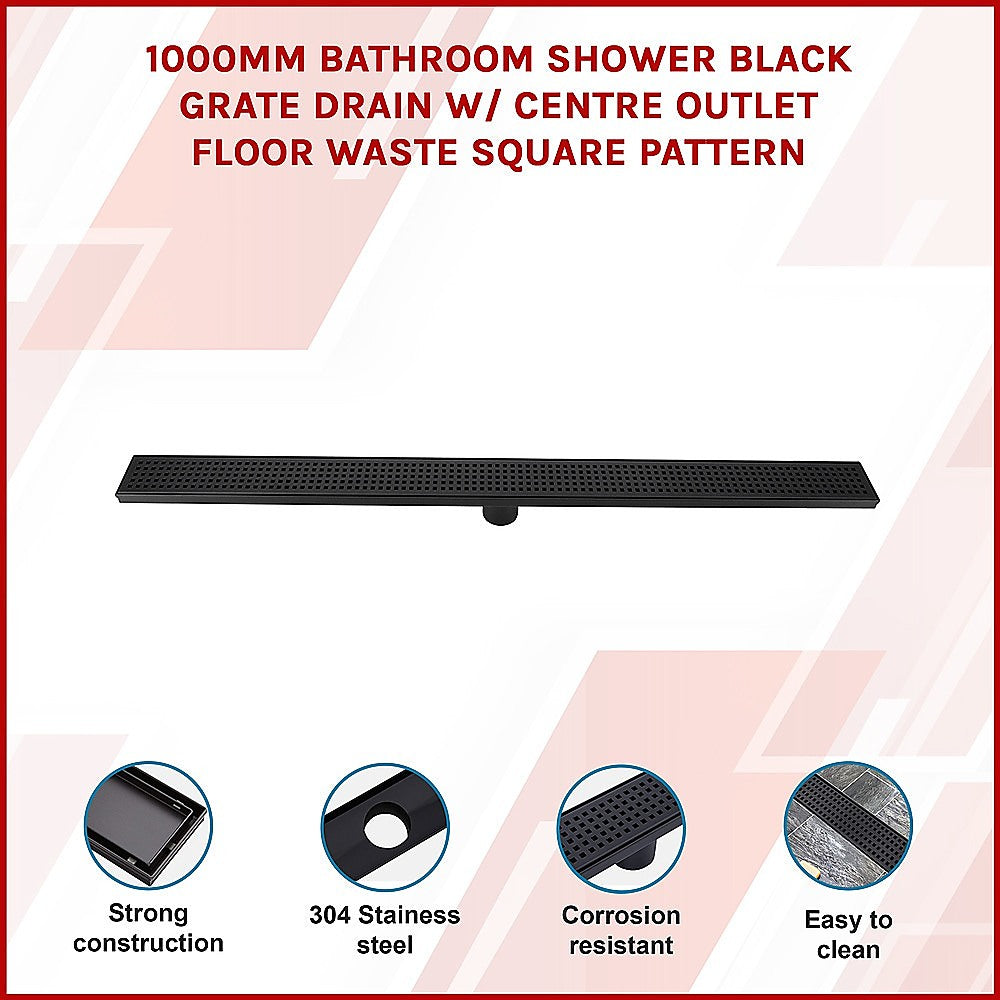 1000mm Bathroom Shower Black Grate Drain w/Centre outlet Floor Waste Square Pattern 3