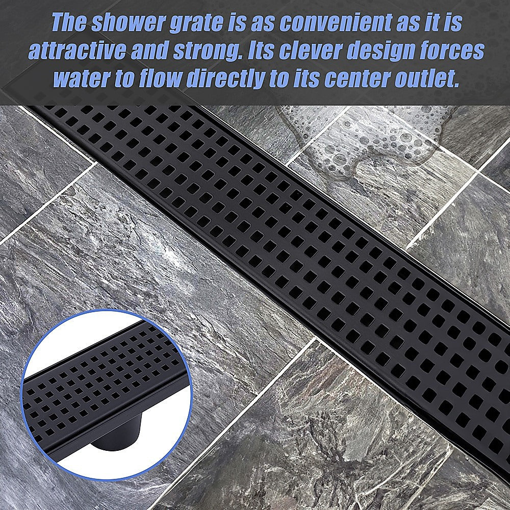 1000mm Bathroom Shower Black Grate Drain w/Centre outlet Floor Waste Square Pattern 6