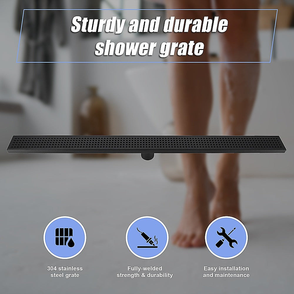 1000mm Bathroom Shower Black Grate Drain w/Centre outlet Floor Waste Square Pattern 5