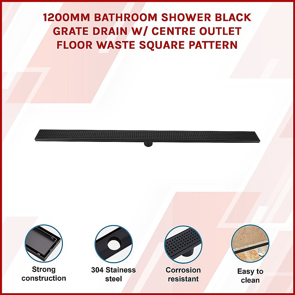 1200mm Bathroom Shower Black Grate Drain w/Centre outlet Floor Waste Square Pattern 3
