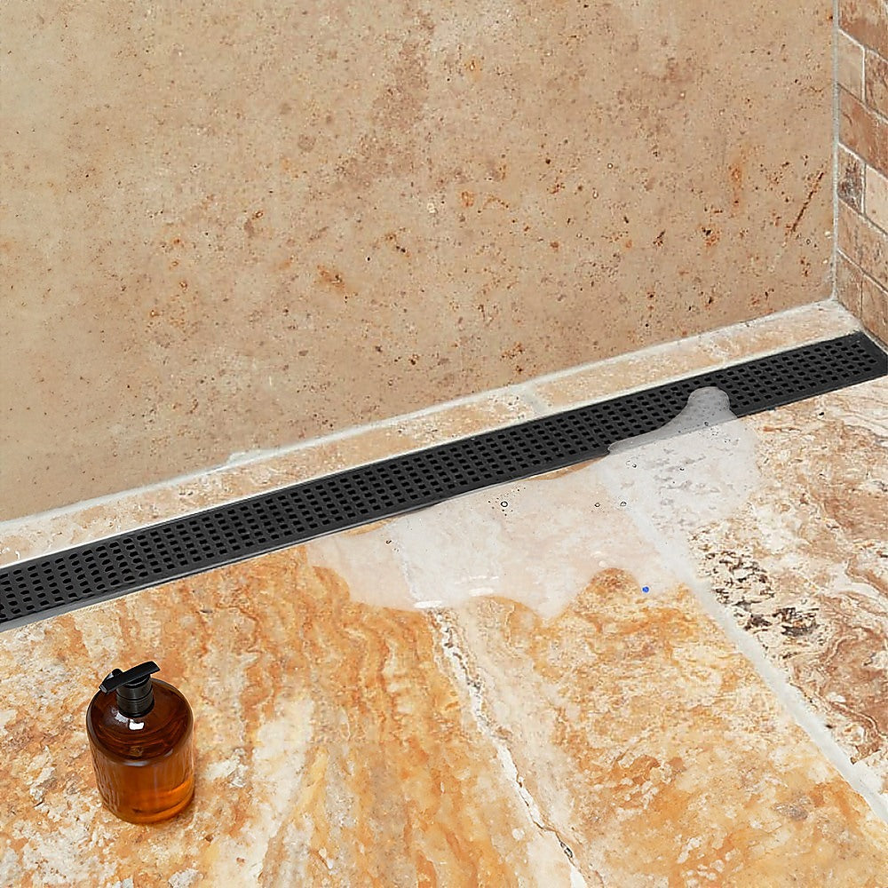1200mm Bathroom Shower Black Grate Drain w/Centre outlet Floor Waste Square Pattern 10