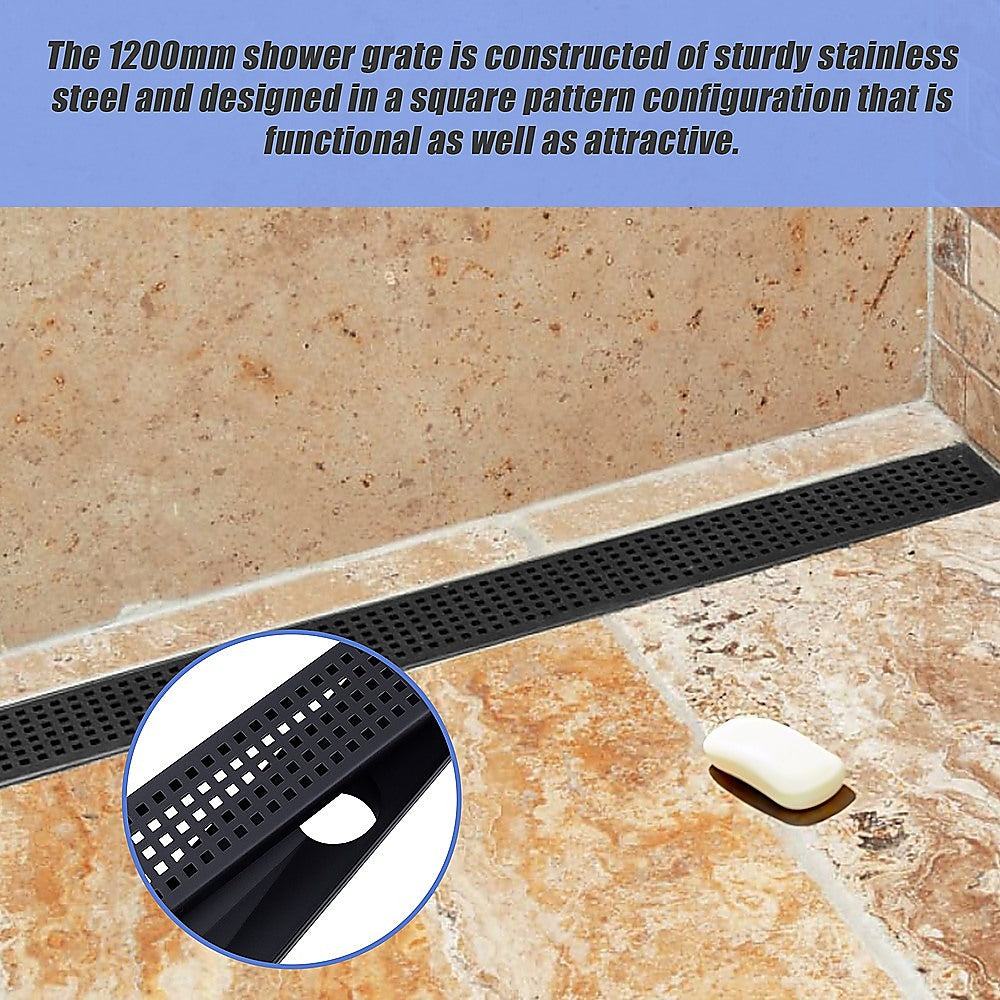 1200mm Bathroom Shower Black Grate Drain w/Centre outlet Floor Waste Square Pattern 7