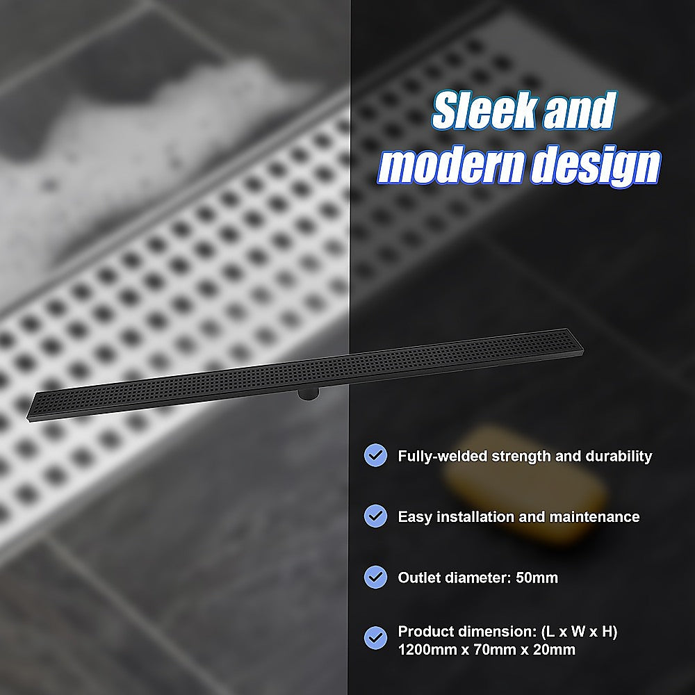 1200mm Bathroom Shower Black Grate Drain w/Centre outlet Floor Waste Square Pattern 8