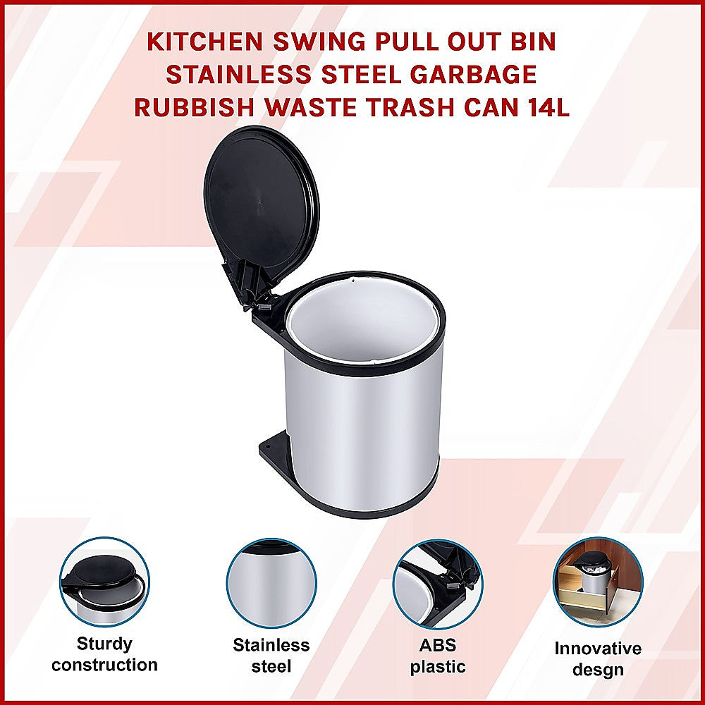 Kitchen Swing Pull Out Bin Stainless Steel Garbage Rubbish Waste Trash Can 14L 3