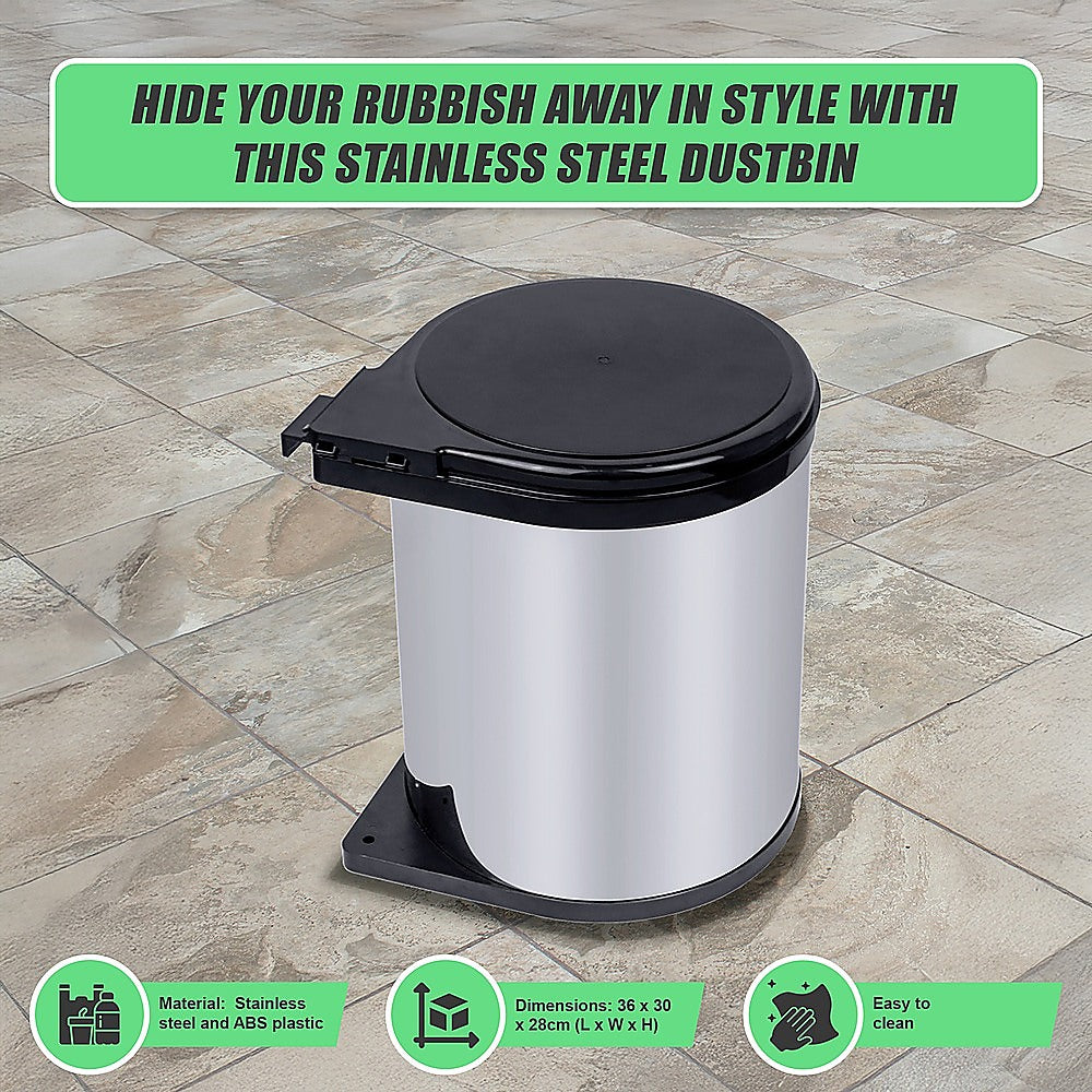Kitchen Swing Pull Out Bin Stainless Steel Garbage Rubbish Waste Trash Can 14L 10