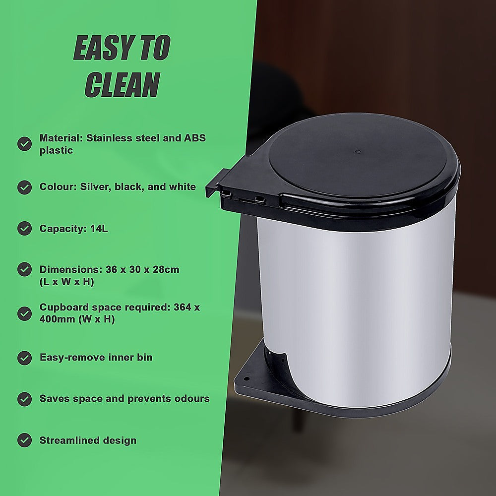 Kitchen Swing Pull Out Bin Stainless Steel Garbage Rubbish Waste Trash Can 14L 11