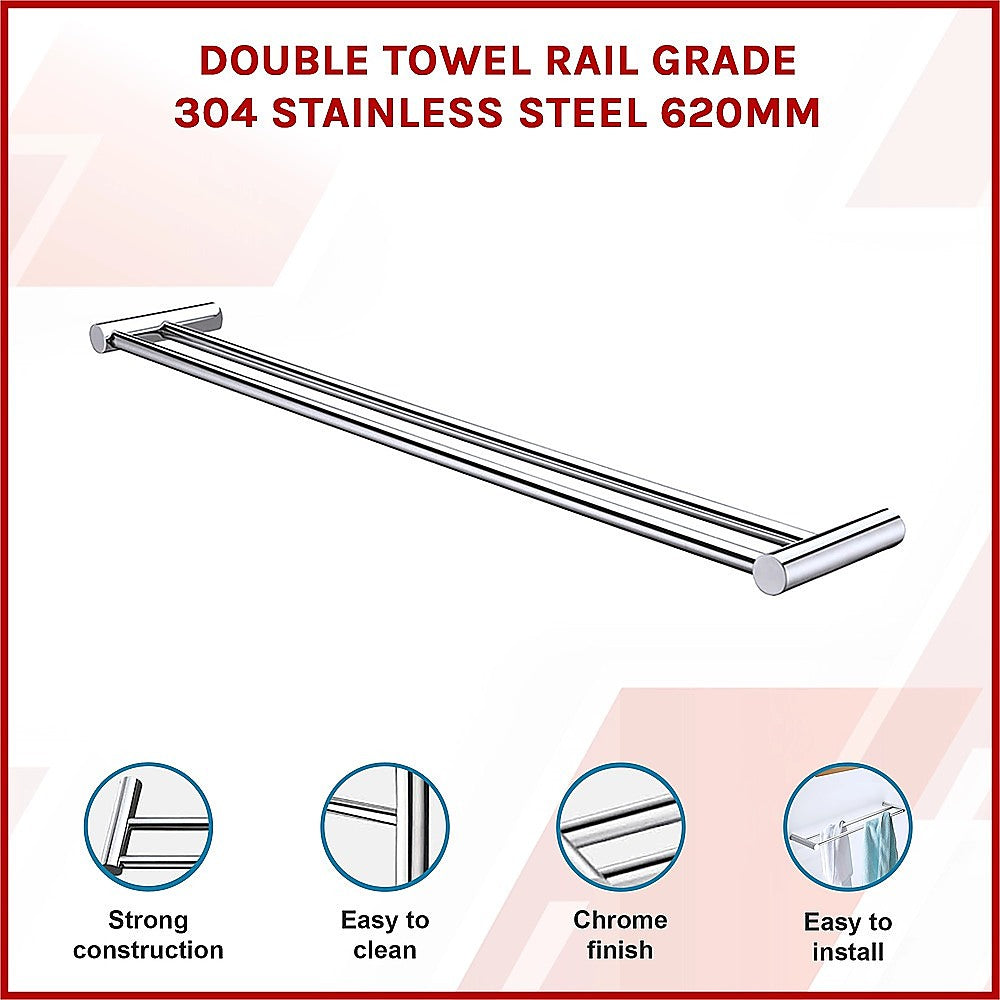 Double Towel Rail Grade 304 Stainless Steel 620mm 3