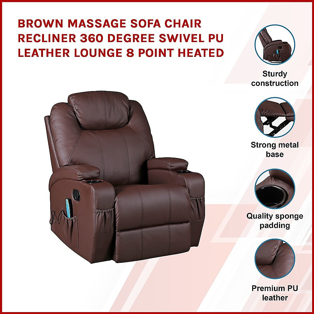 Brown Massage Sofa Chair Recliner 360 Degree Swivel PU Leather Lounge 8 Point Heated 3
