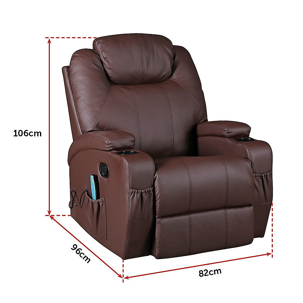 Brown Massage Sofa Chair Recliner 360 Degree Swivel PU Leather Lounge 8 Point Heated 8