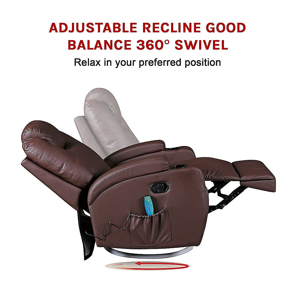 Brown Massage Sofa Chair Recliner 360 Degree Swivel PU Leather Lounge 8 Point Heated 7