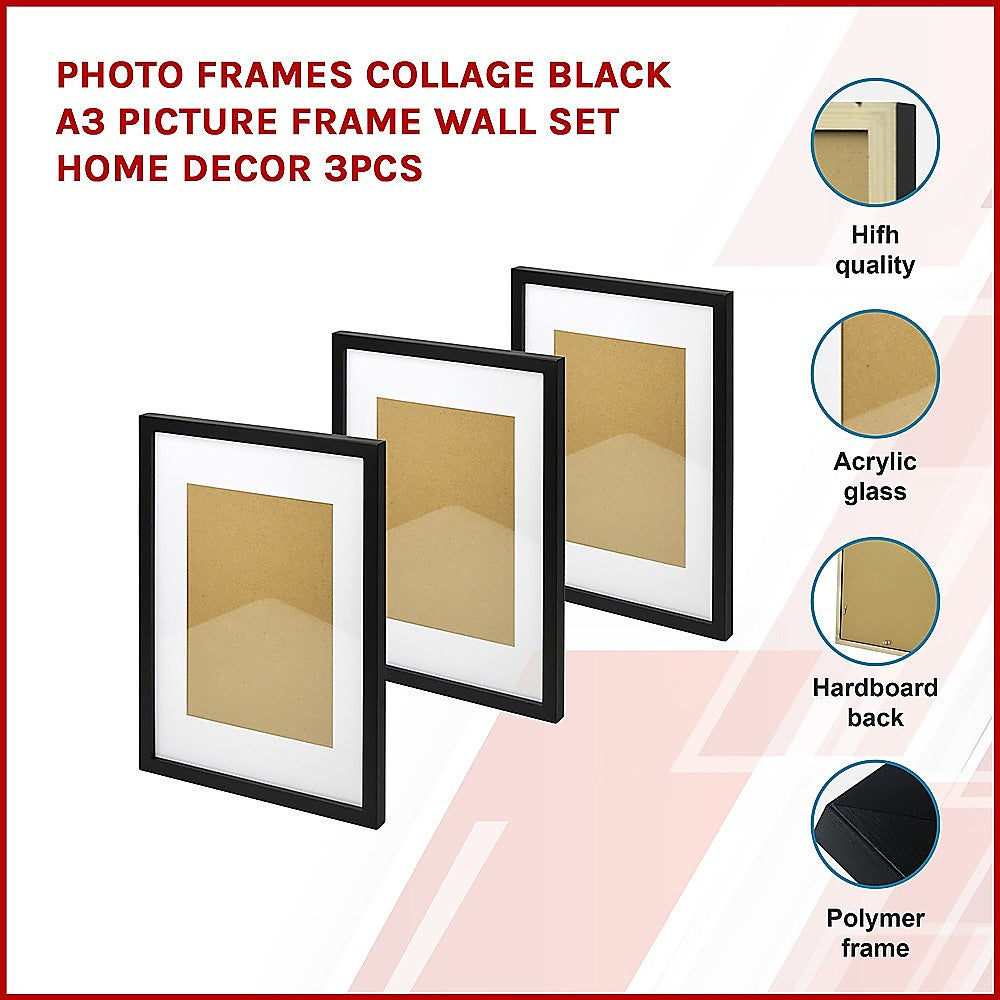 Photo Frames Collage Black A3 Picture Frame Wall Set Home Decor 3PCS 3