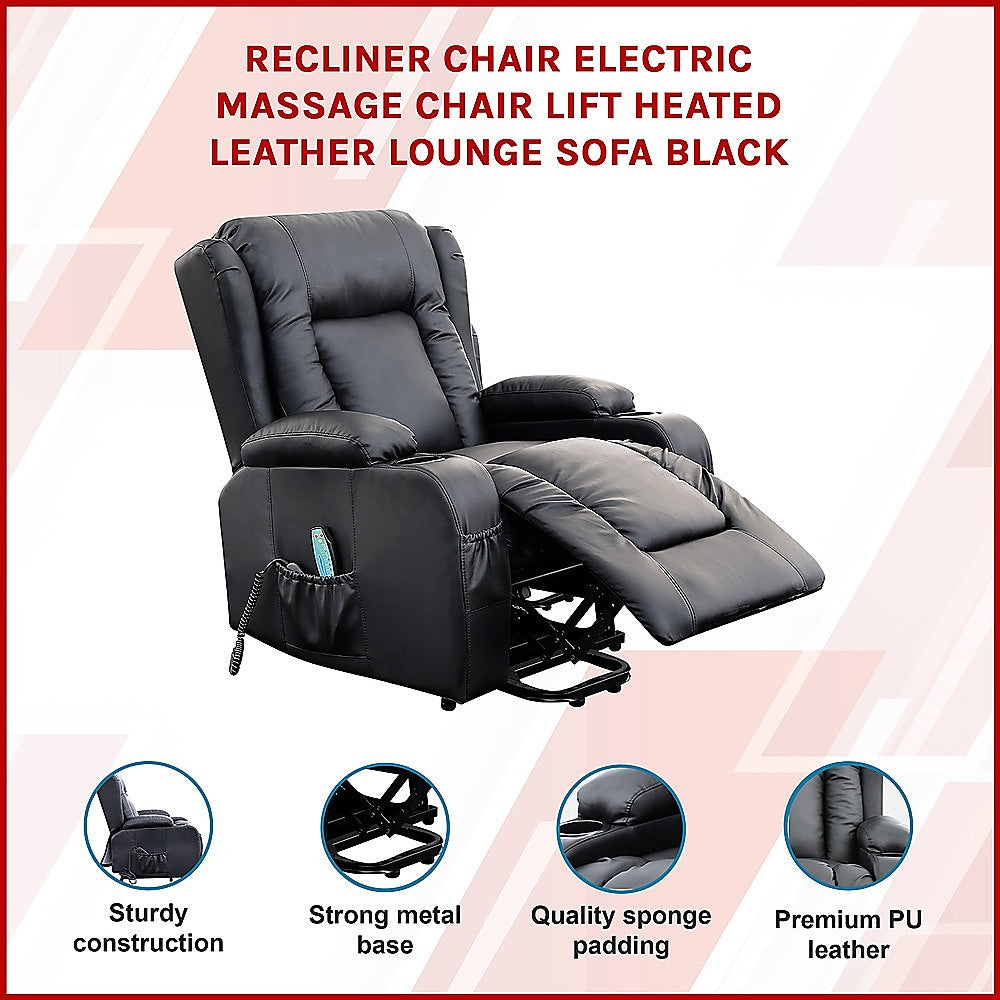 Recliner Chair Electric Massage Chair Lift Heated Leather Lounge Sofa Black 3