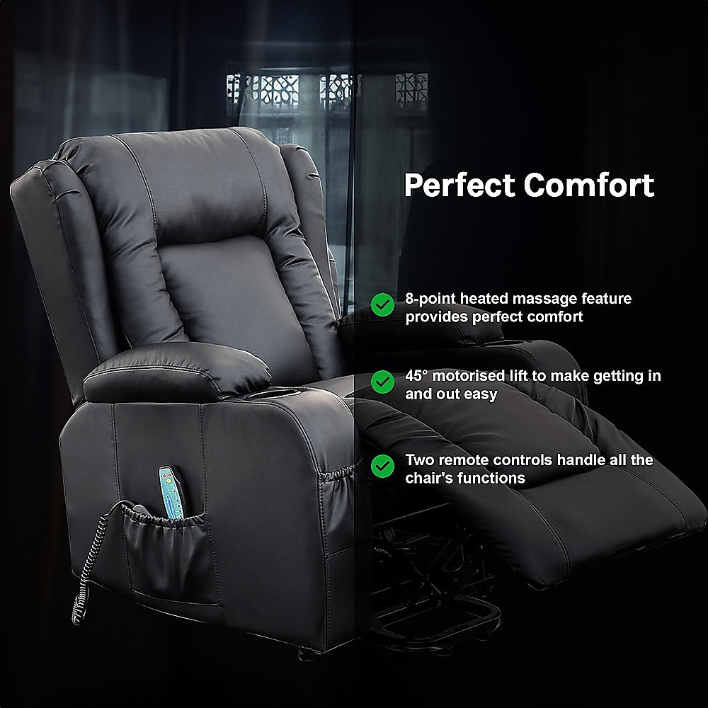 Recliner Chair Electric Massage Chair Lift Heated Leather Lounge Sofa Black 11