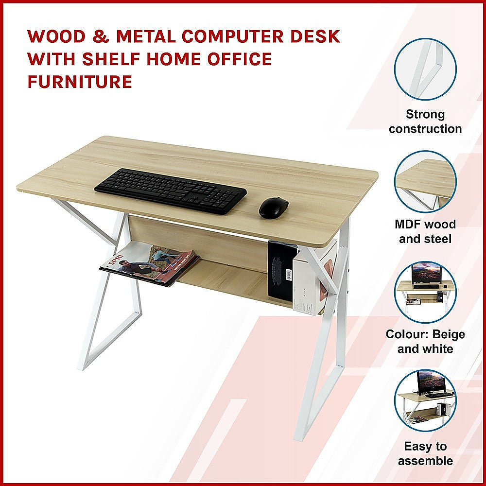 Wood & Metal Computer Desk with Shelf Home Office Furniture 3