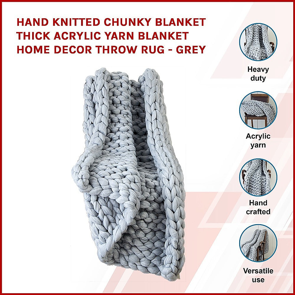 Hand Knitted Chunky Blanket Thick Acrylic Yarn Blanket Home Decor Throw Rug - Grey 3