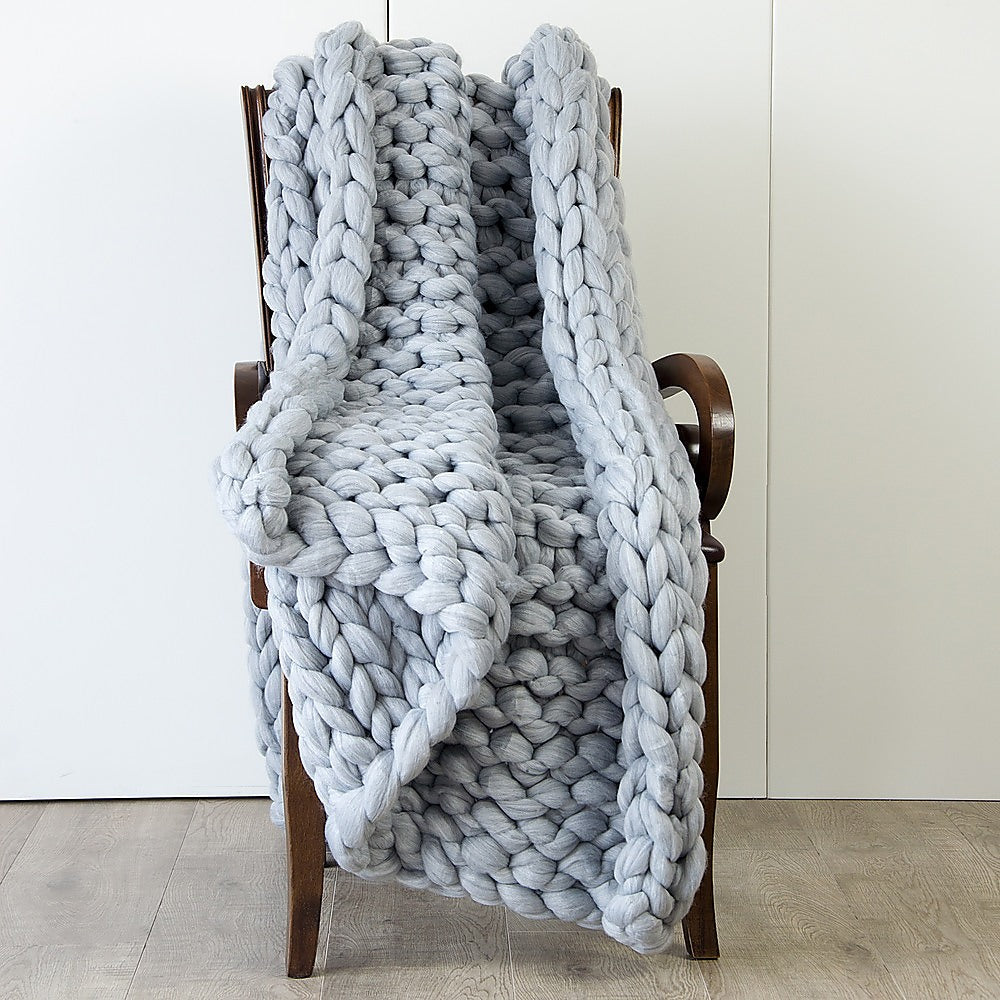 Hand Knitted Chunky Blanket Thick Acrylic Yarn Blanket Home Decor Throw Rug - Grey 5