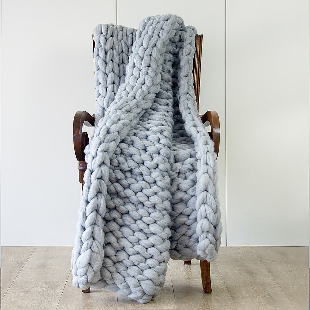 Hand Knitted Chunky Blanket Thick Acrylic Yarn Blanket Home Decor Throw Rug - Grey 6