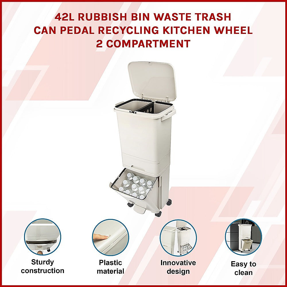 42L Rubbish Bin Waste Trash Can Pedal Recycling Kitchen Wheel 2 Compartment 3