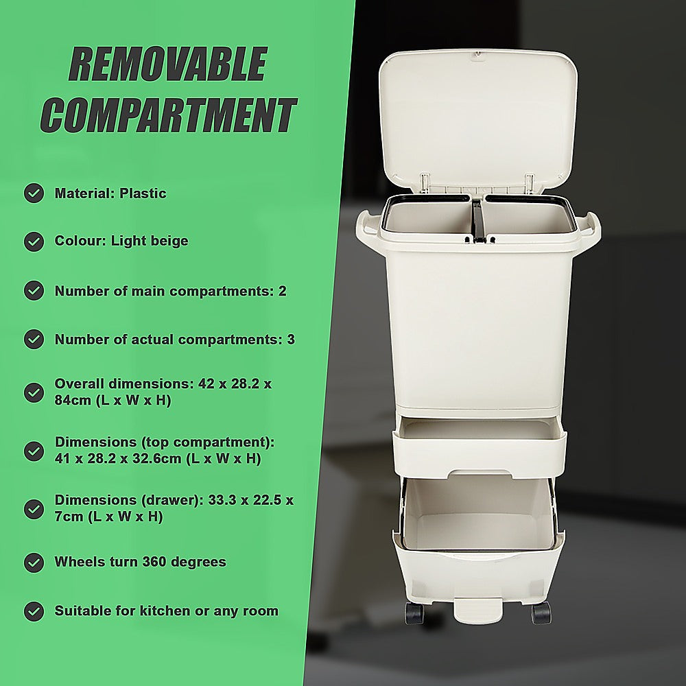 42L Rubbish Bin Waste Trash Can Pedal Recycling Kitchen Wheel 2 Compartment 10
